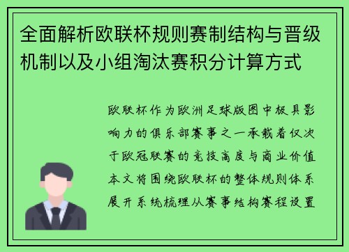 全面解析欧联杯规则赛制结构与晋级机制以及小组淘汰赛积分计算方式
